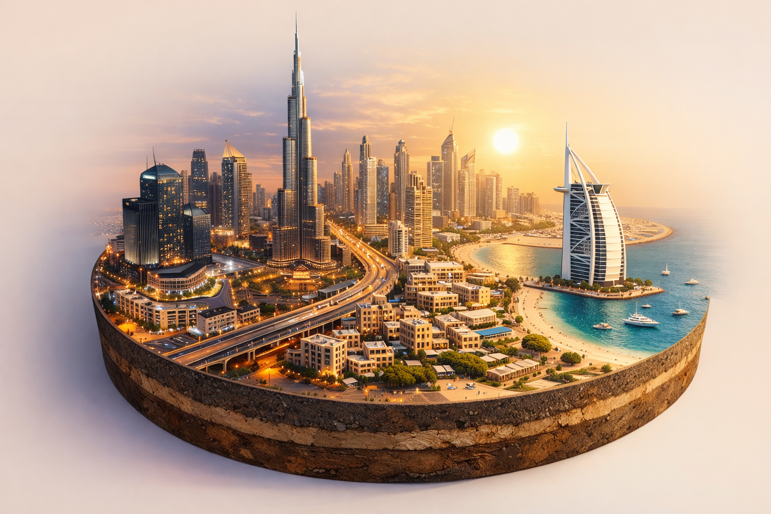 3D rendering of Dubai's skyline including Burj Khalifa and Burj Al Arab tokenized on a circular slice of land