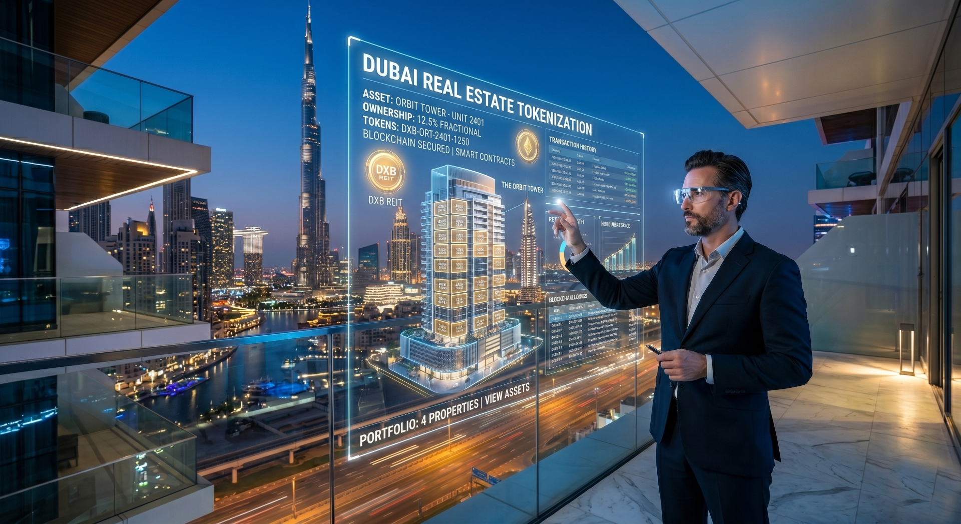 Operative reviewing a Dubai real estate tokenization dashboard with blockchain ledger and investment stats